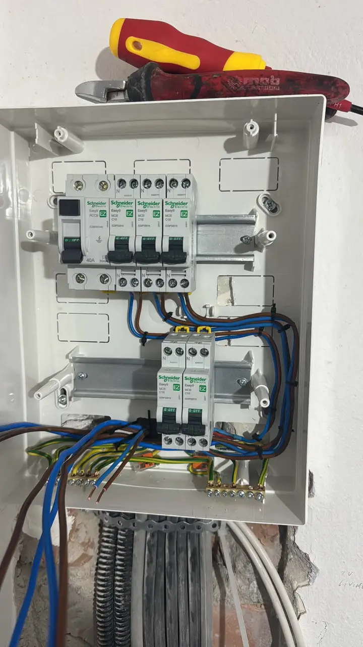 Tablou electric deschis, cu aparate de protecție montate pe șină și conductoare albastre și galben-verzi legate