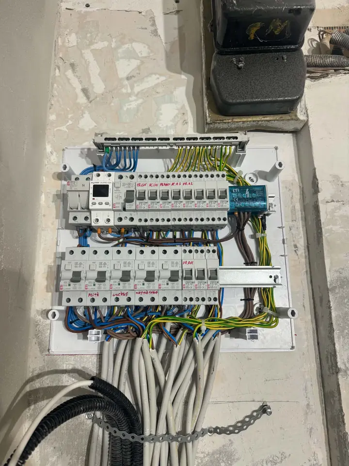 Tablou electric cu două rânduri de aparate, cablat, cu un mănunchi de cabluri gri care intră pe jos