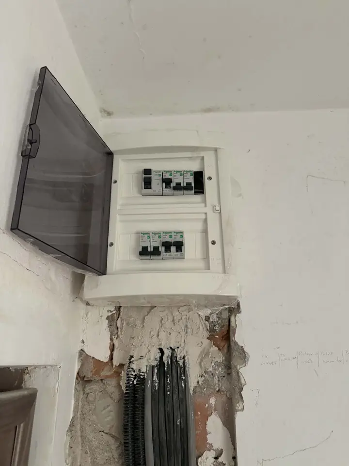 Tablou electric de apartament, cu ușa deschisă și două rânduri de aparate de protecție, cu cablurile coborând în ștrobă